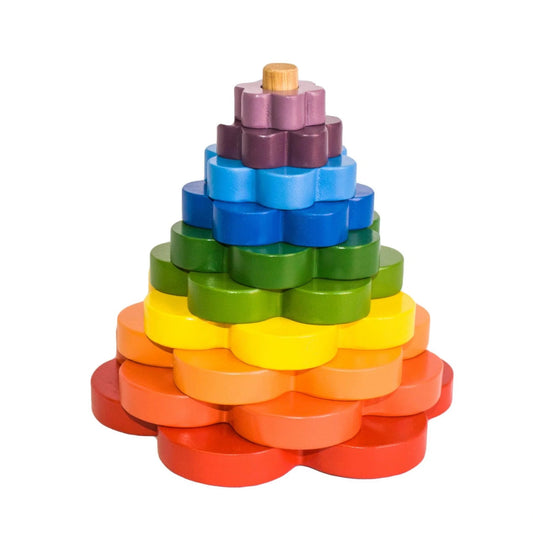 QToys wooden rainbow flower stacker, Montessori toy.