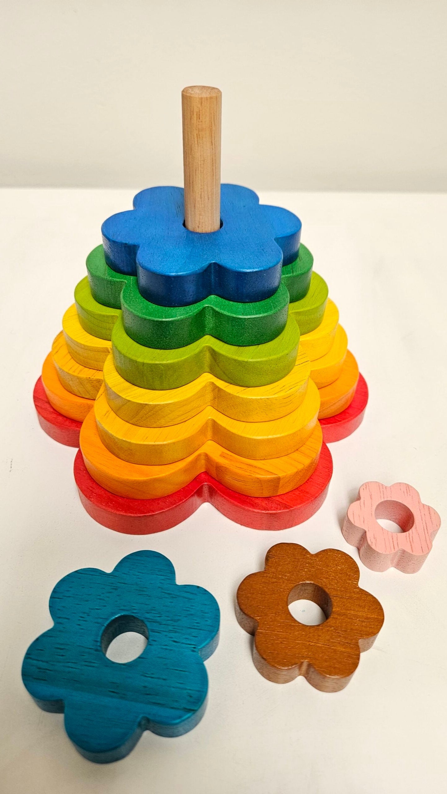 Wooden Rainbow Flower Stacker - QToys | Wooden Toy NZ