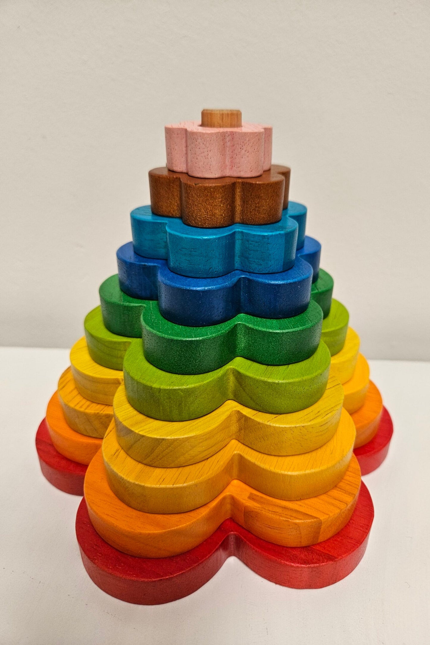 QToys wooden rainbow flower stacker, Montessori toy.