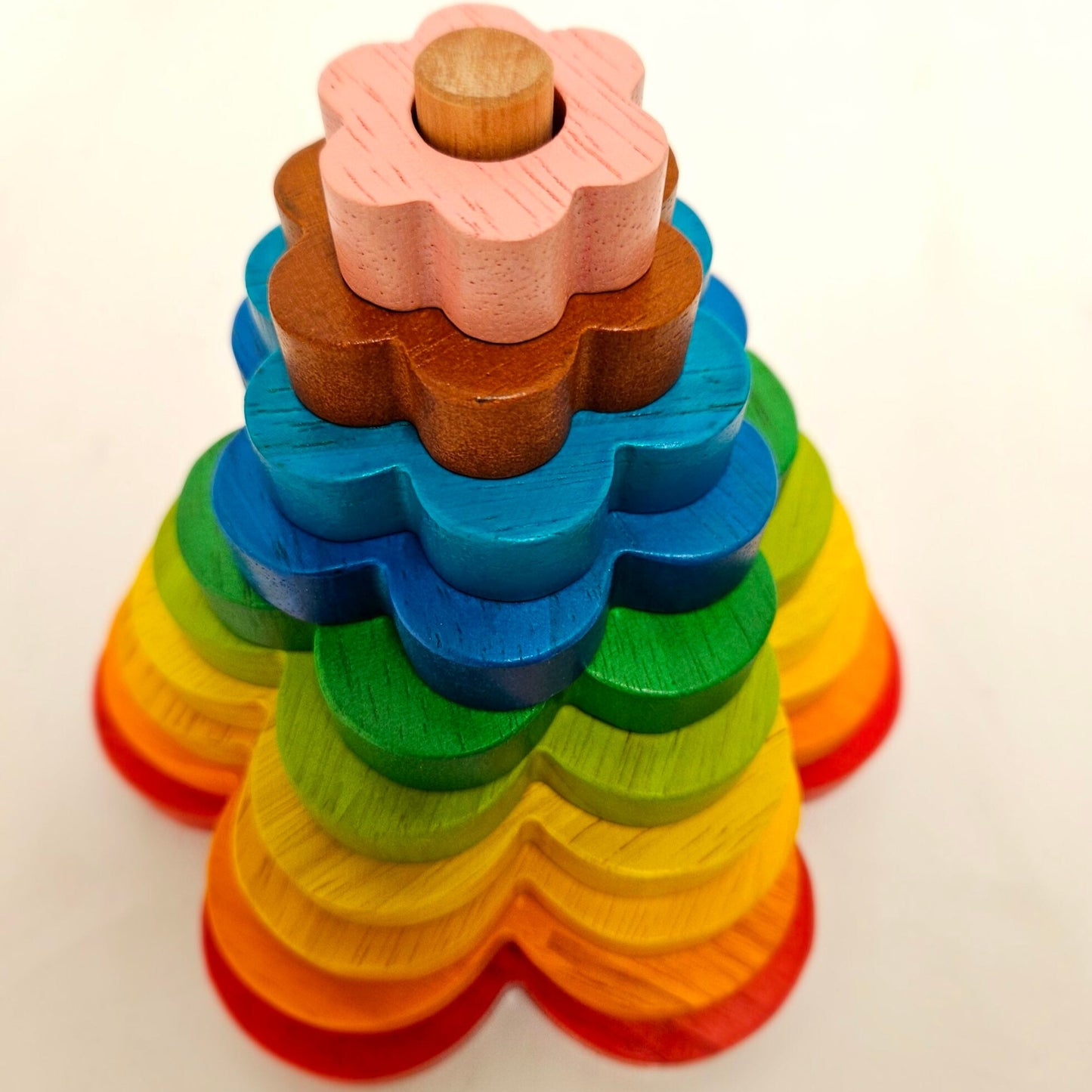 QToys wooden rainbow flower stacker, Montessori toy.