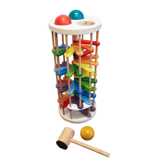 QToys, Pound a Ball Tower, wooden toy with a hammer and balls on a white background